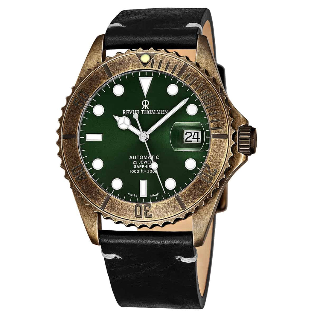 Revue Thommen 17571.2583 'Diver' Green Dial Black Leather Strap Date Automatic Watch