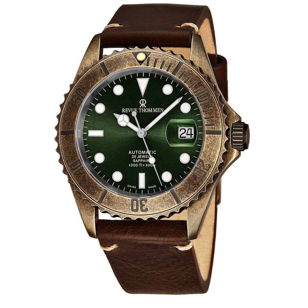 Revue Thommen Men's 17571.2584 'Diver' Green Dial Brown Leather Strap Gunmetal Automatic Watch