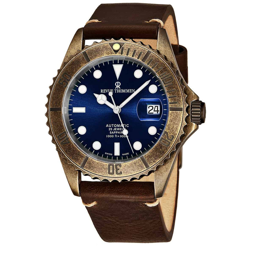 Revue Thommen 17571.2585 'Diver' Blue Dial Brown Leather Strap Gunmetal Automatic Watch
