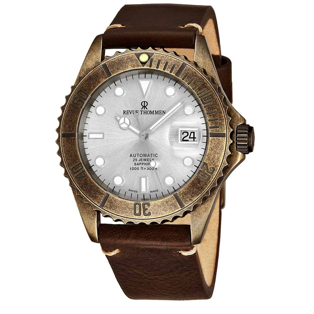 Revue Thommen 17571.2588 'Diver' Silver Dial Brown Leather Strap Gunmetal Automatic Watch