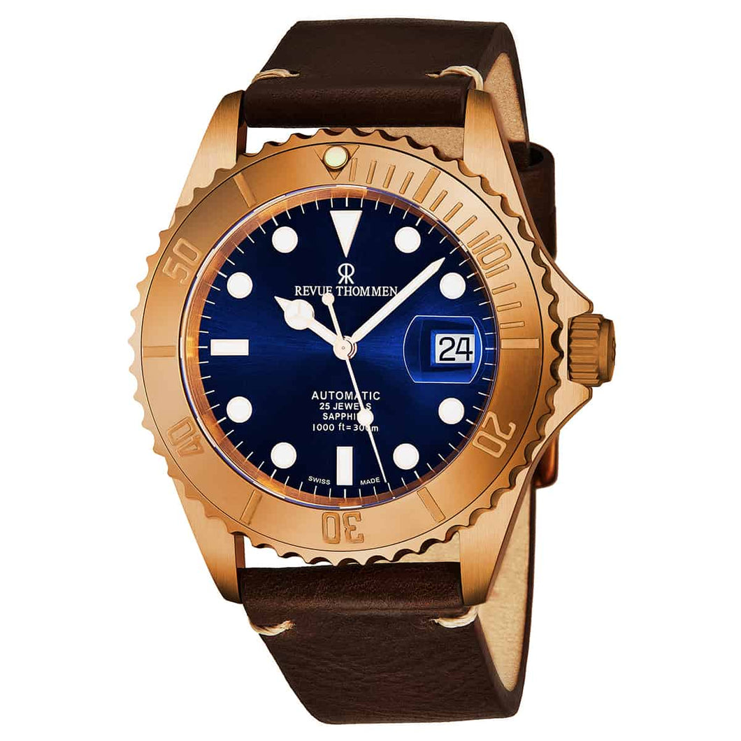 Revue Thommen Men's 17571.2595 'Diver' Blue Dial Brown Leather Strap Bronze/Steel Automatic Watch