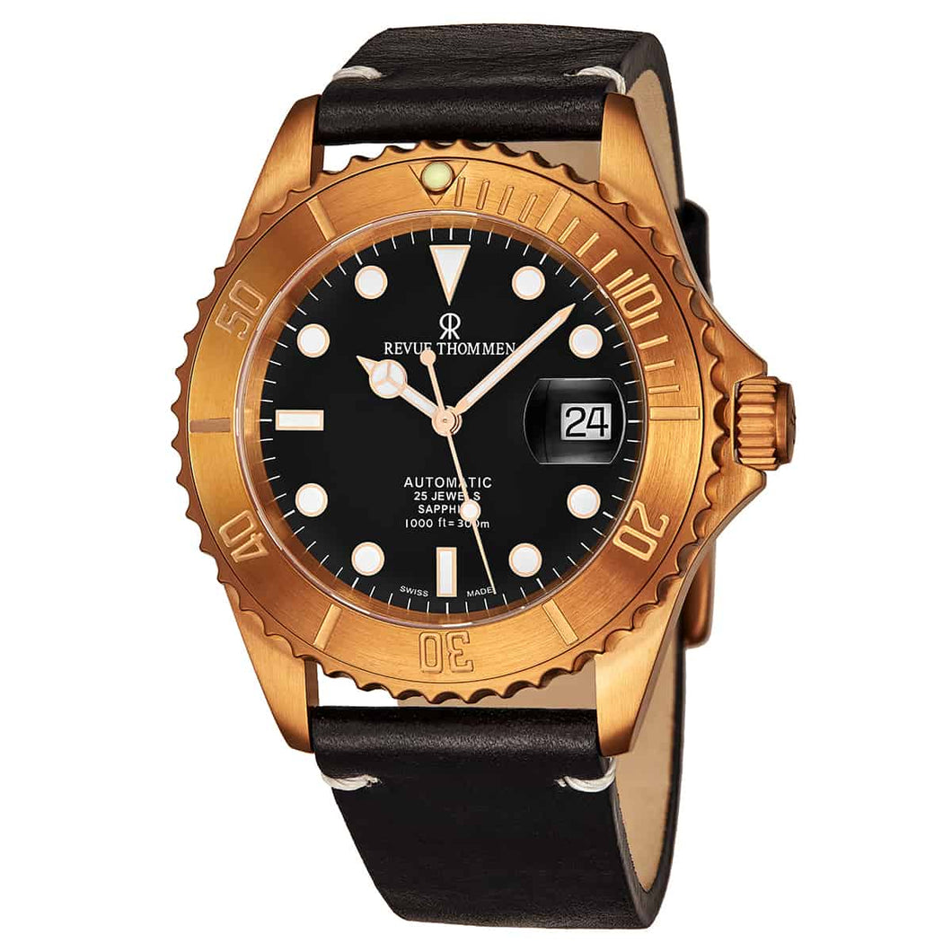 Revue Thommen Men's 1757.2597 'Diver' Black Dial Black Leather Strap Date Automatic Watch