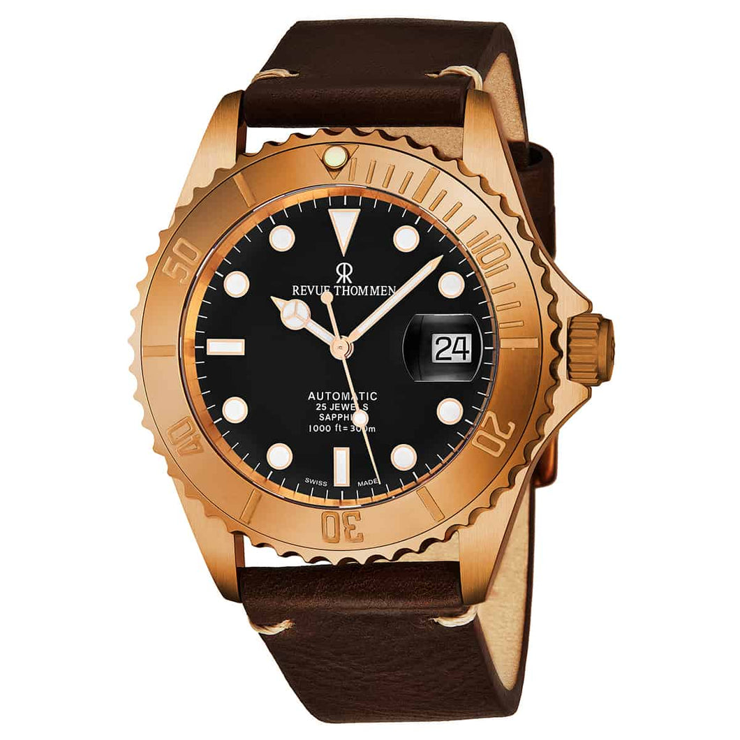 Revue Thommen Men's 17571.2599 'Diver' Black Dial Brown Leather Strap Bronze/Steel Automatic Watch