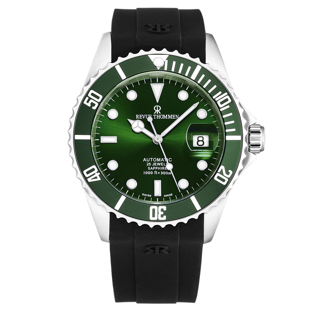 Revue Thommen Men's 'Diver' Green Dial Black Rubber Strap Swiss Automatic Watch  17571.2829