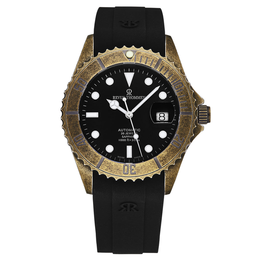 Revue Thommen Men's 'Diver' Black Dial Black Rubber Gunmetal Automatic Watch 17571.2887
