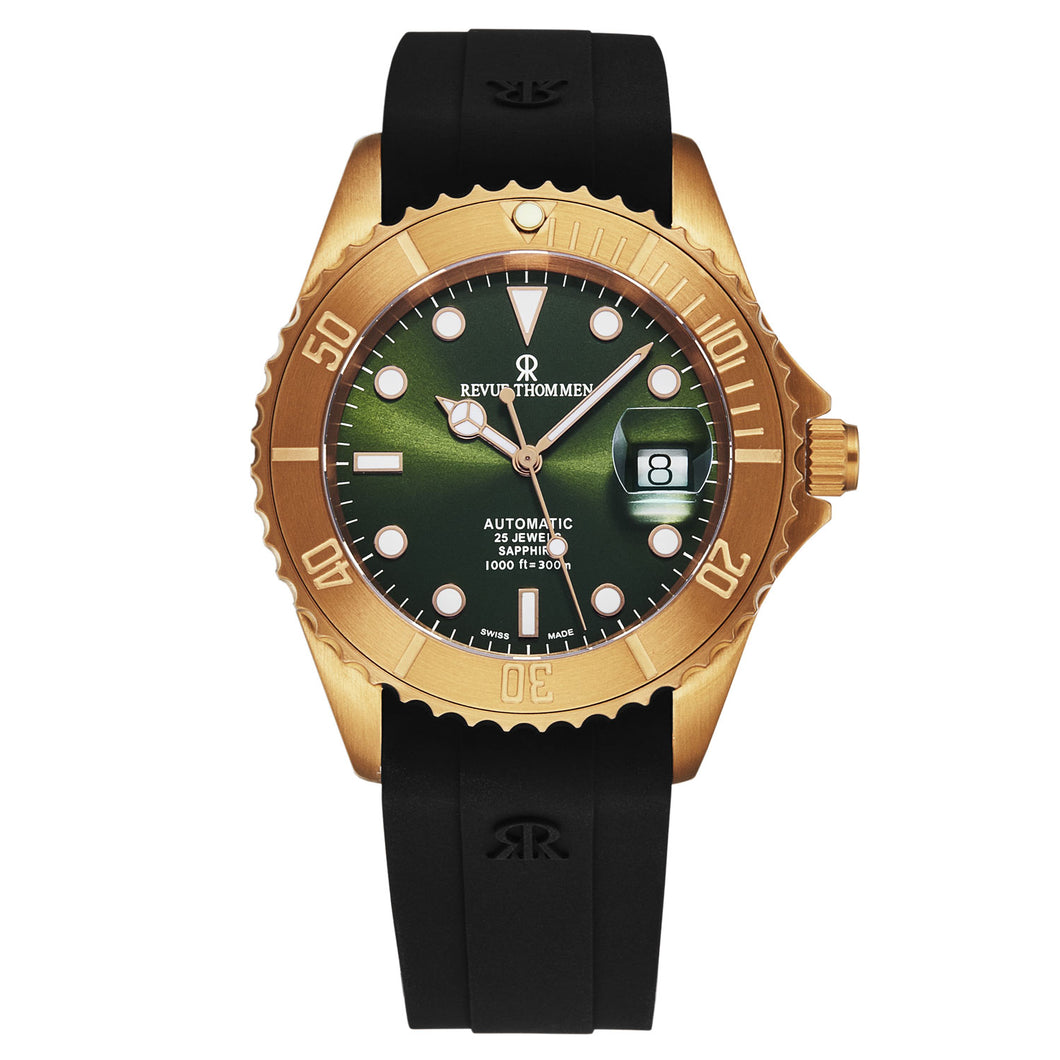 Revue Thommen Men's 'Diver' Green Dial Black Rubber Strap Bronze/Steel Automatic Watch 17571.2894