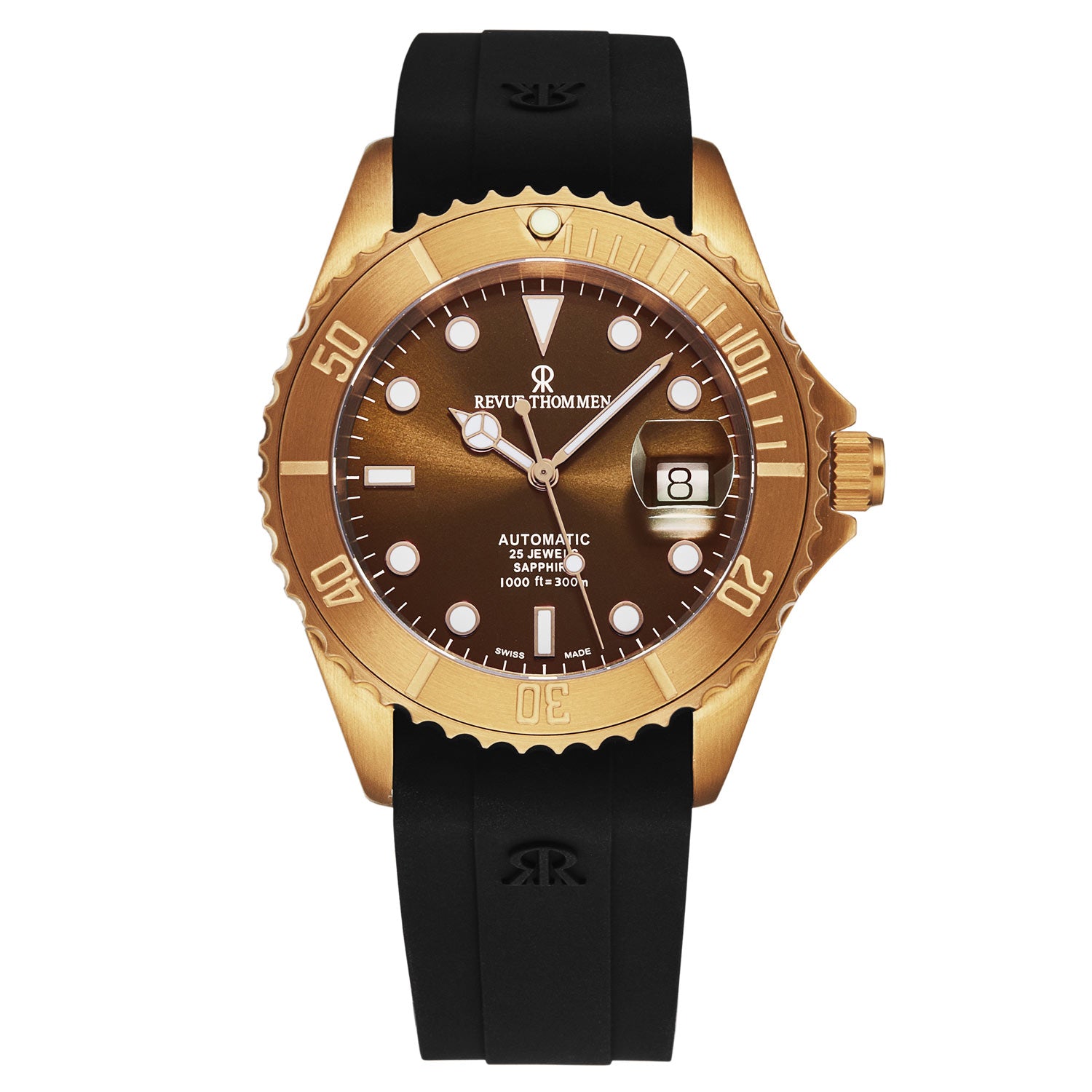Revue Thommen Men's 'Diver' Brown Dial Black Rubber Strap Bronze/Steel
