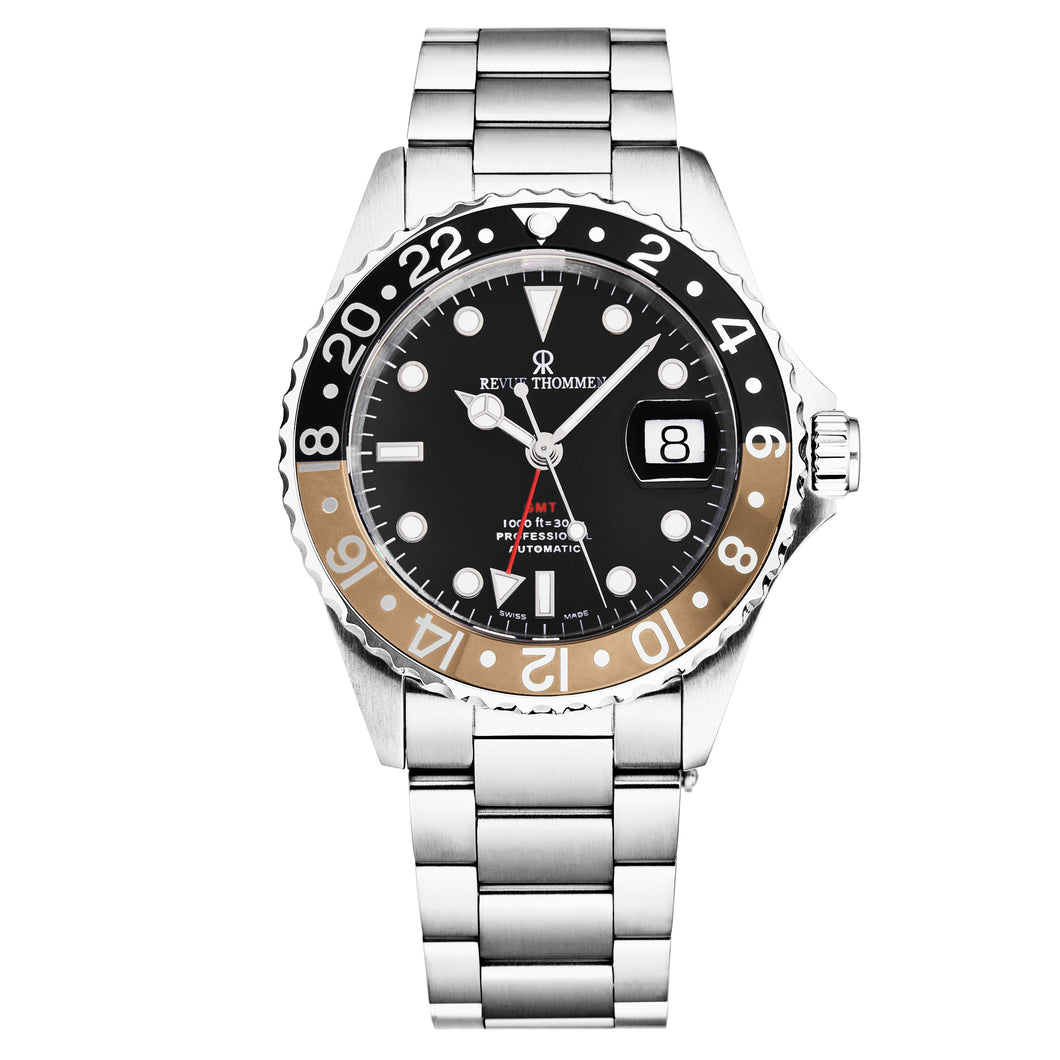 Revue Thommen Men's 'Diver' Black Dial Black and Beige Bezel GMT Automatic Watch 17572.2132