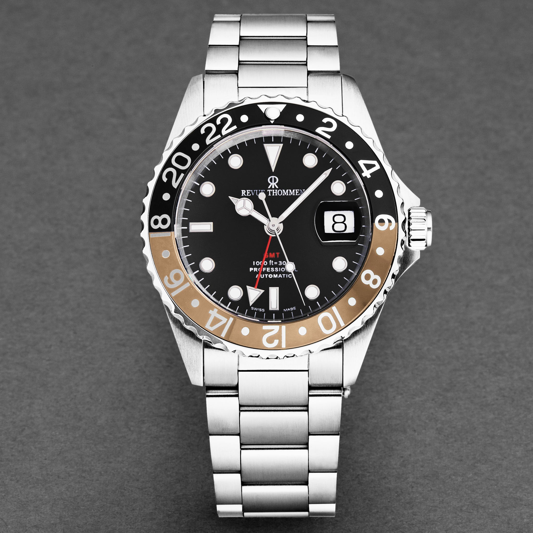 Revue Thommen Men's 'Diver' Black Dial Black and Beige Bezel GMT Autom