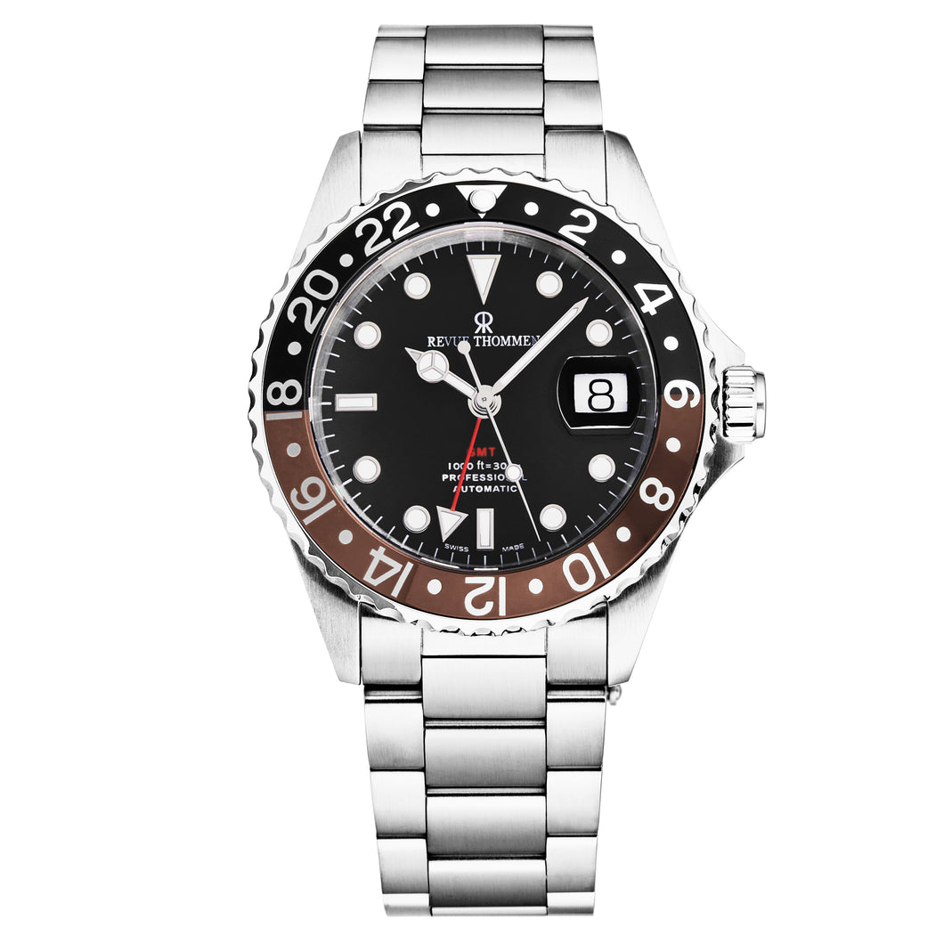 Revue Thommen Men's 'Diver' Black Dial Black and Brown Bezel GMT Automatic Watch 17572.2139