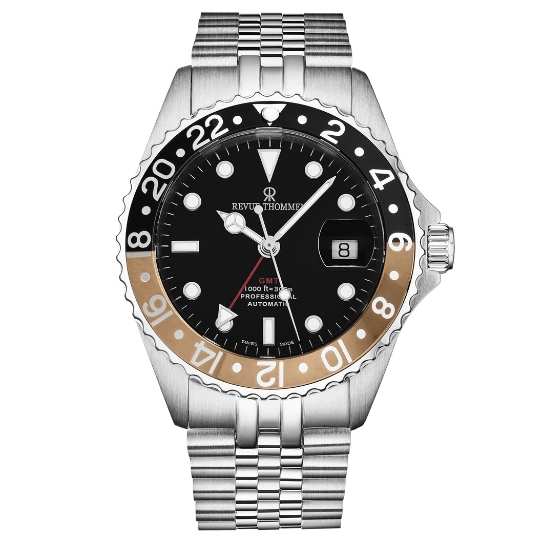 Revue Thommen Men's 'Diver' GMT Black Dial Black and Beige Bezel Automatic Watch 17572.2232