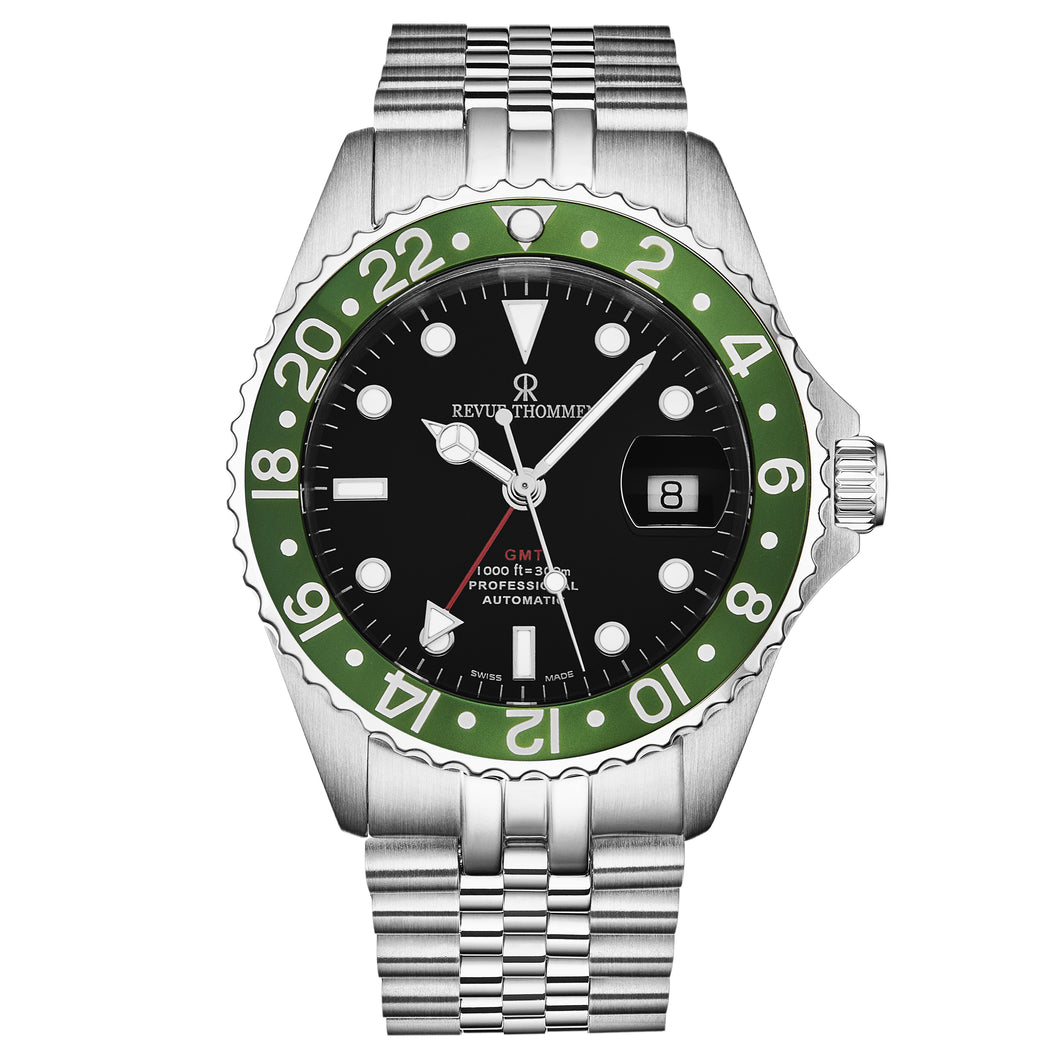 Revue Thommen Men's 'Diver' GMT Black Dial Green Bezel Automatic Watch 17572.2234