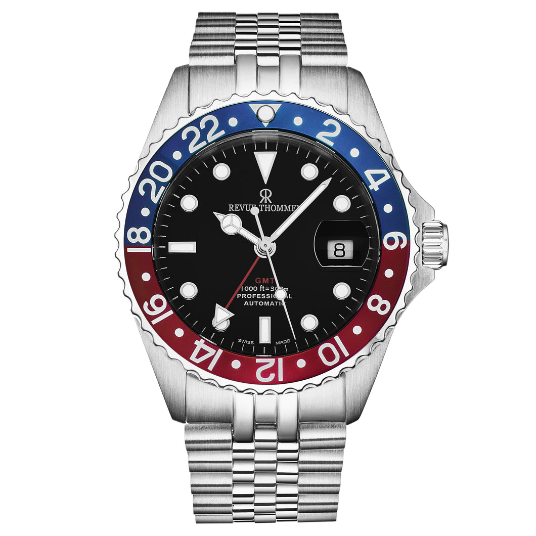 Revue Thommen Men's 'Diver' GMT Black Dial Blue and Red Bezel Automatic Watch 17572.2235