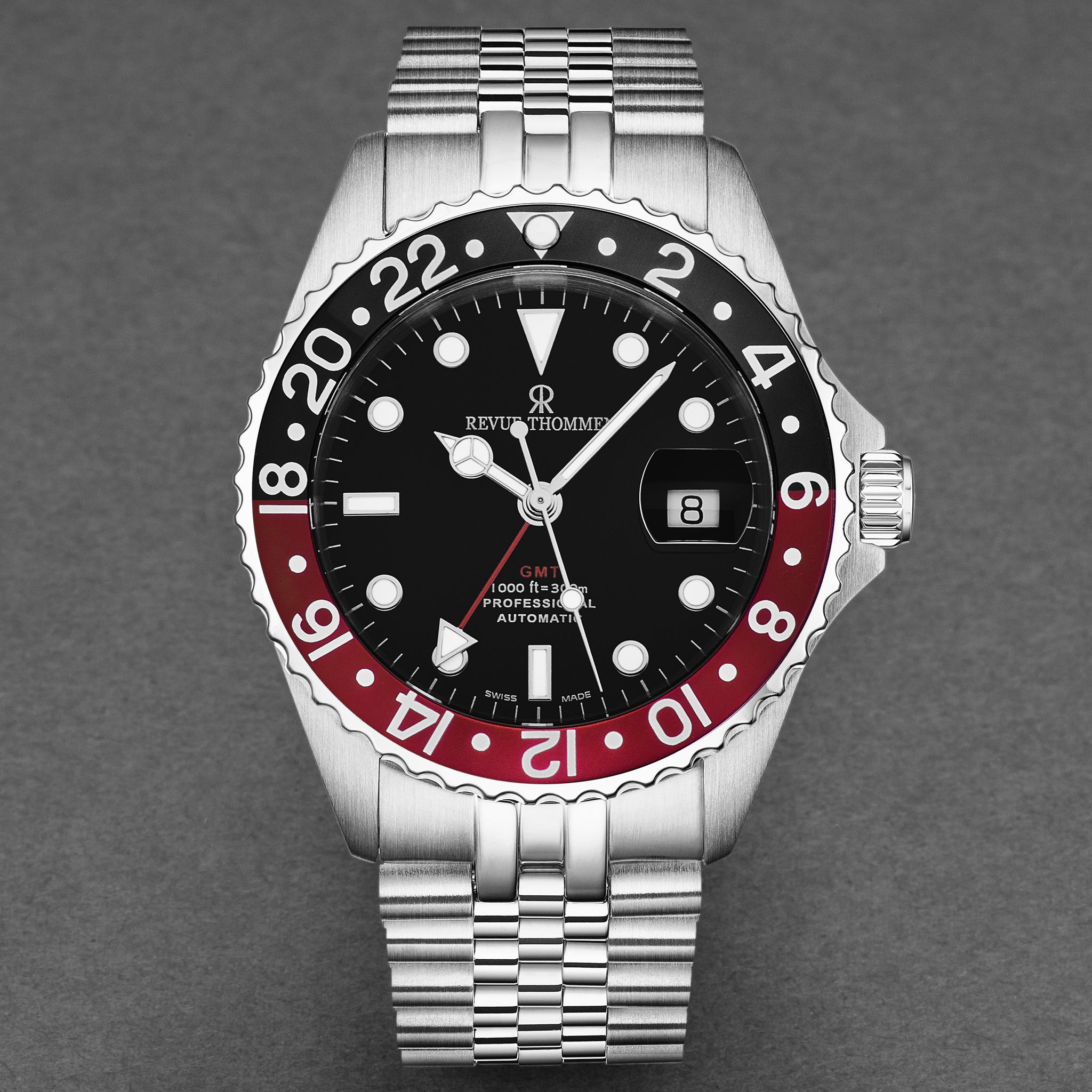 Revue Thommen Men's 'Diver' GMT Black Dial Black and Red Bezel Automat