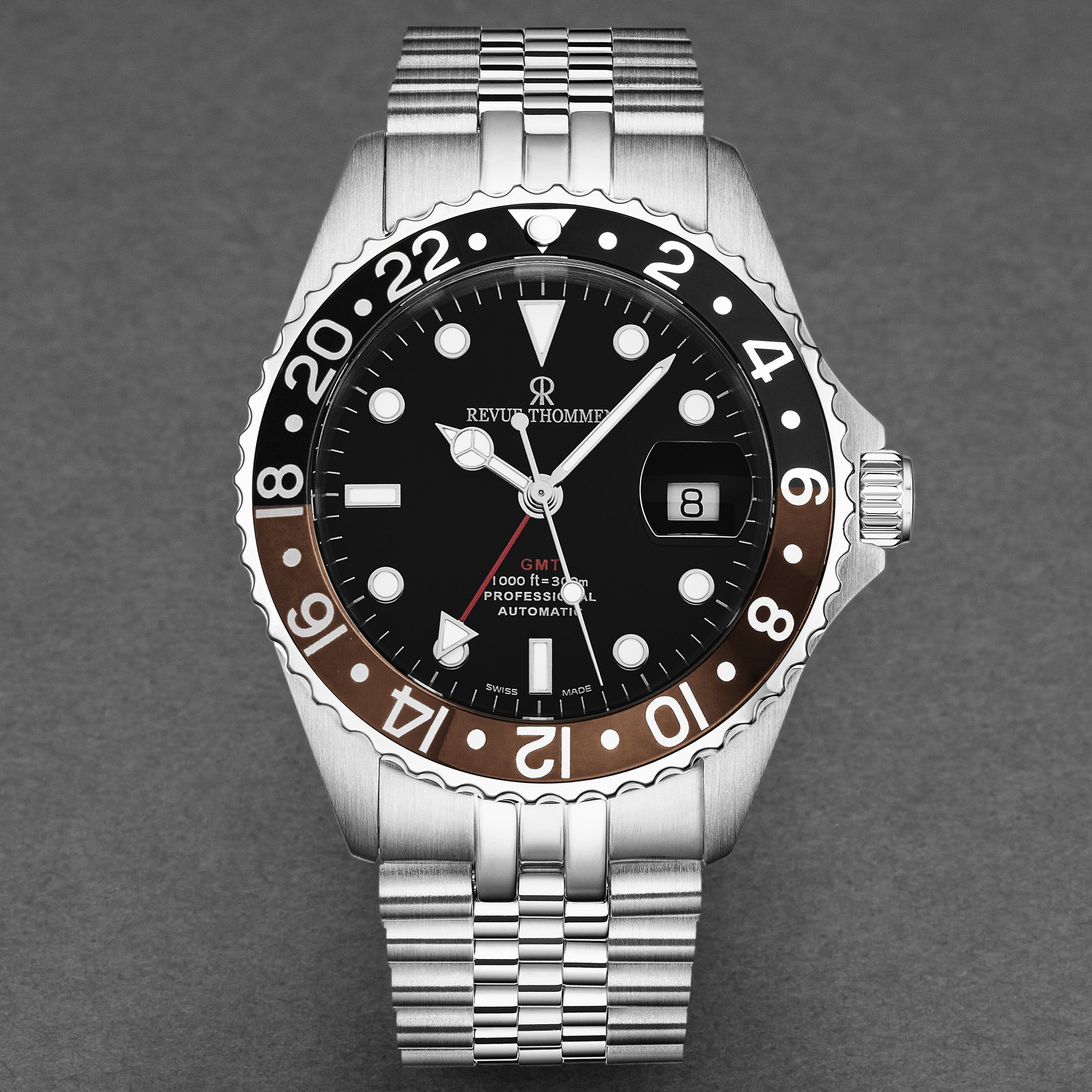 Revue Thommen Men's 'Diver' GMT Black Dial Black and Brown Bezel Autom