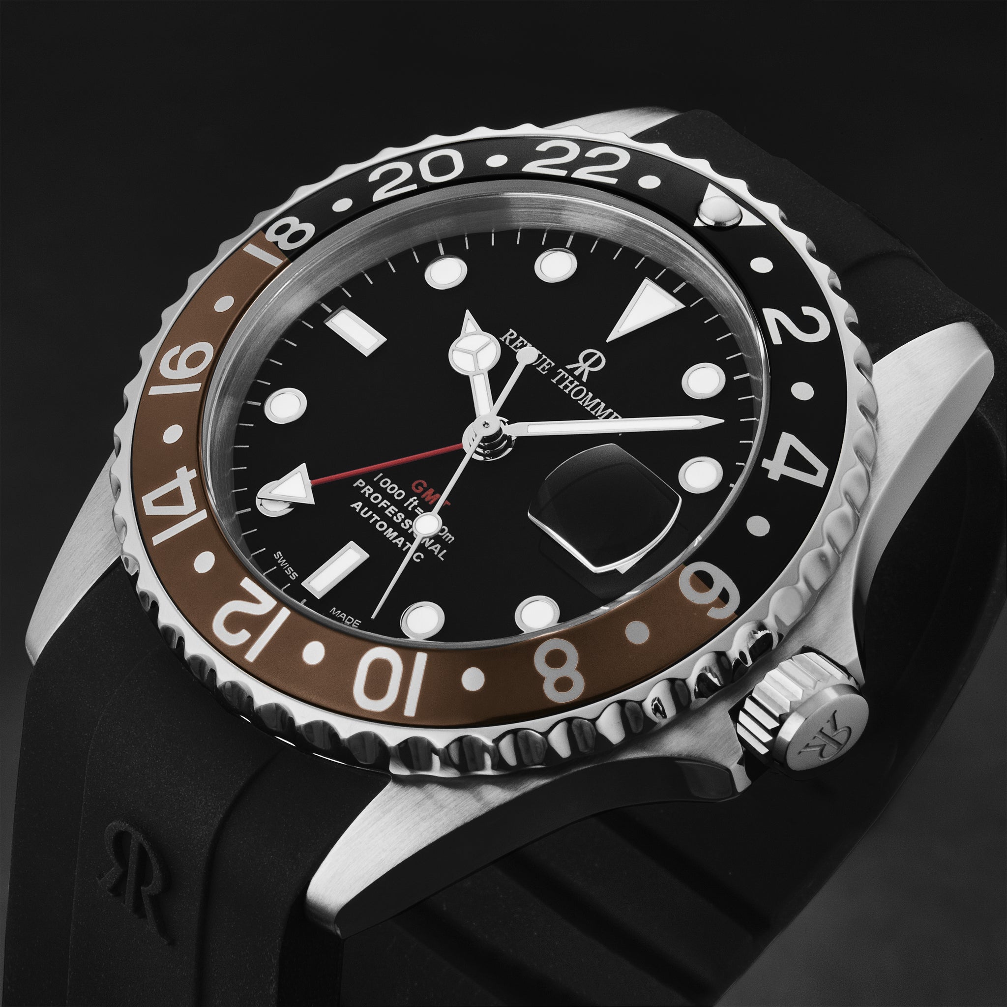 Revue Thommen Men's 'Diver' Black Dial Black and Brown Bezel GMT Autom