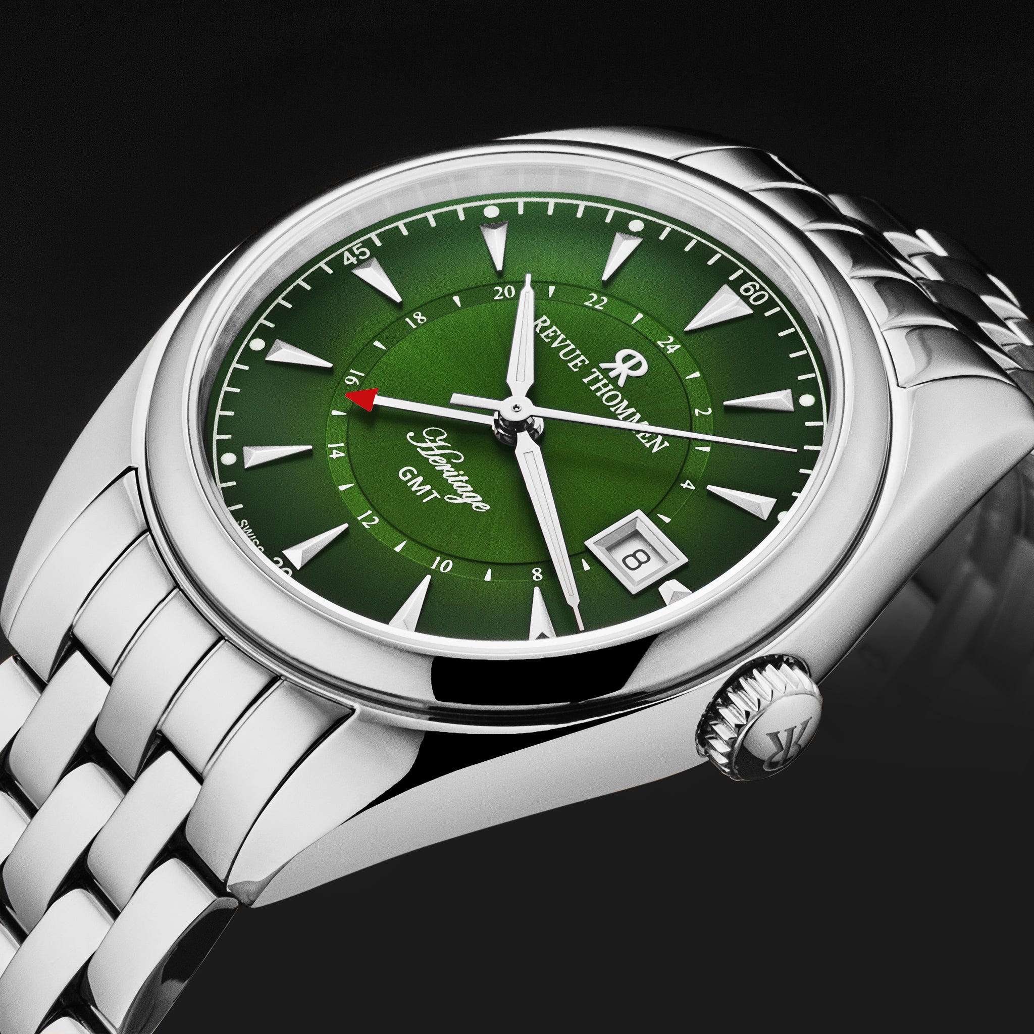 Revue Thommen Men's 'Heritage' GMT Green Dial Stainless Steel Bracelet