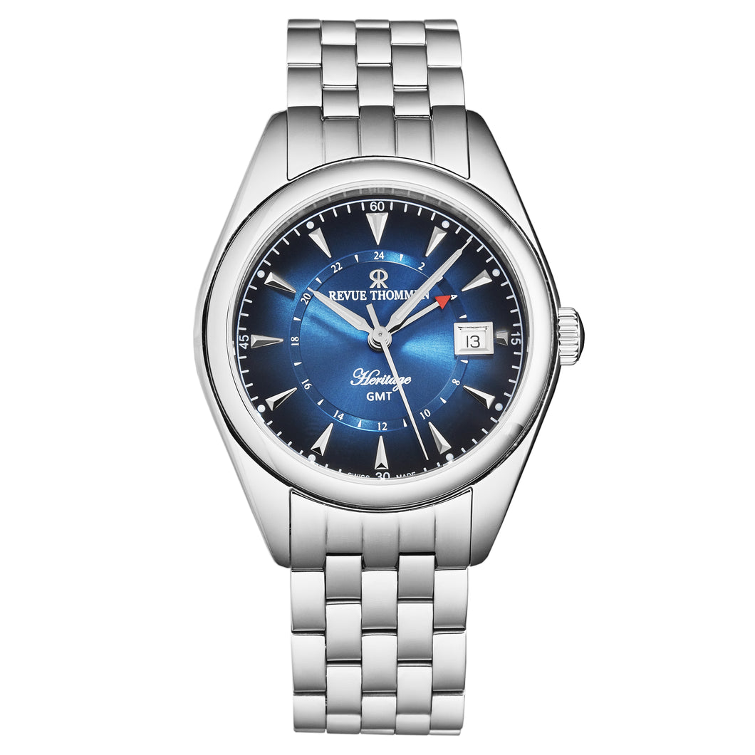 Revue Thommen Men's 'Heritage' GMT Blue Dial Stainless Steel Bracelet Swiss Automatic Watch 21010.2335