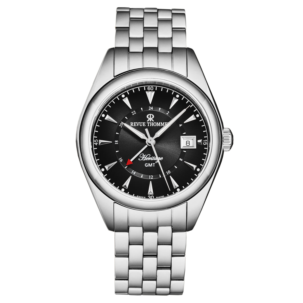 Revue Thommen Men's 'Heritage' GMT Black Dial Stainless Steel Bracelet Swiss Automatic Watch 21010.2337