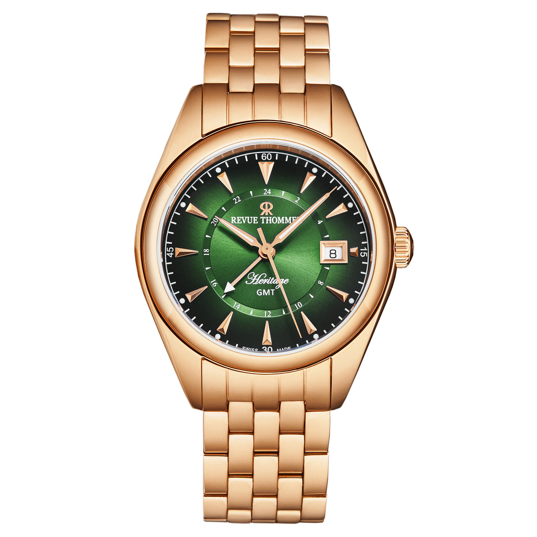 Revue Thommen Men's 'Heritage' GMT Green Dial Stainless Steel Bracelet Swiss Automatic Watch 21010.2364