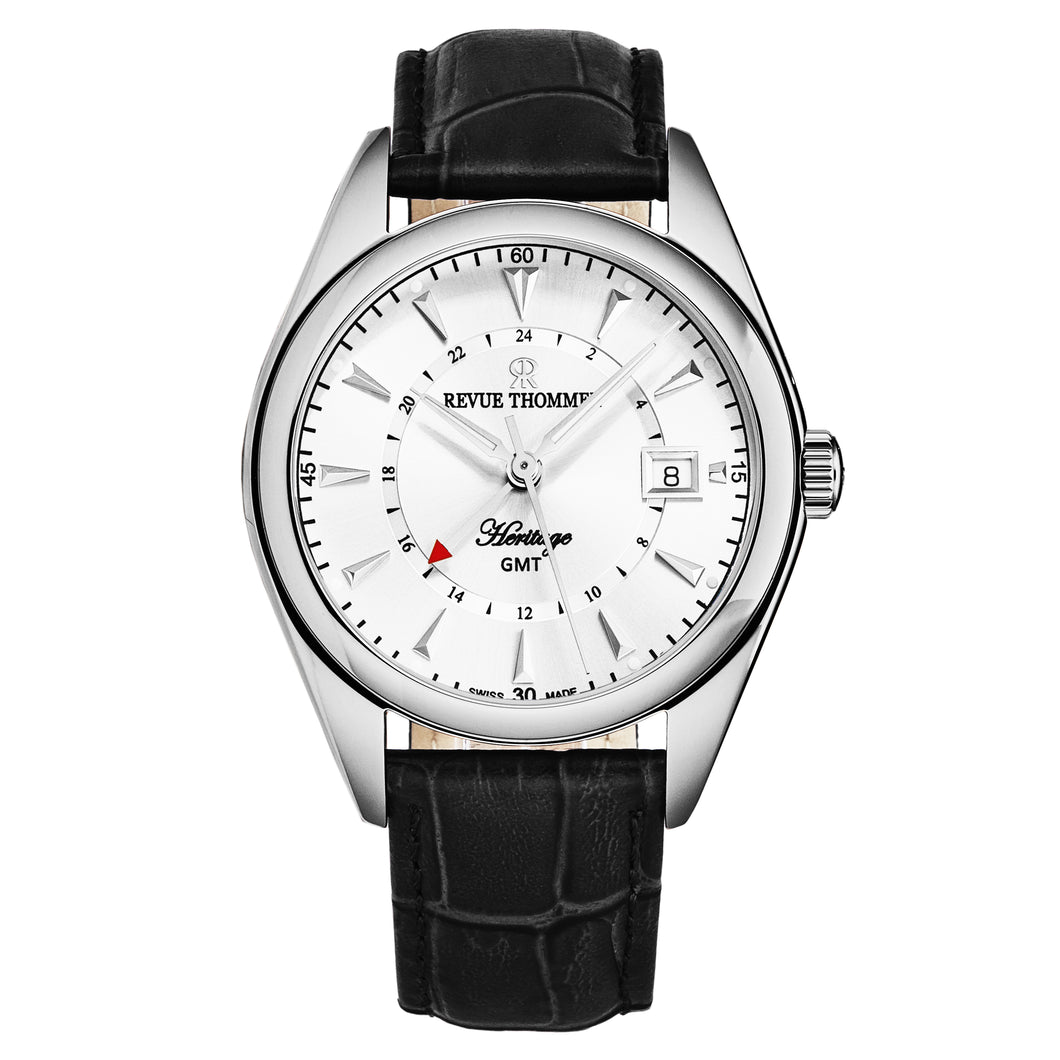 Revue Thommen Men's 'Heritage' GMT Silver Dial Black Leather Strap Swiss Automatic Watch 21010.2432