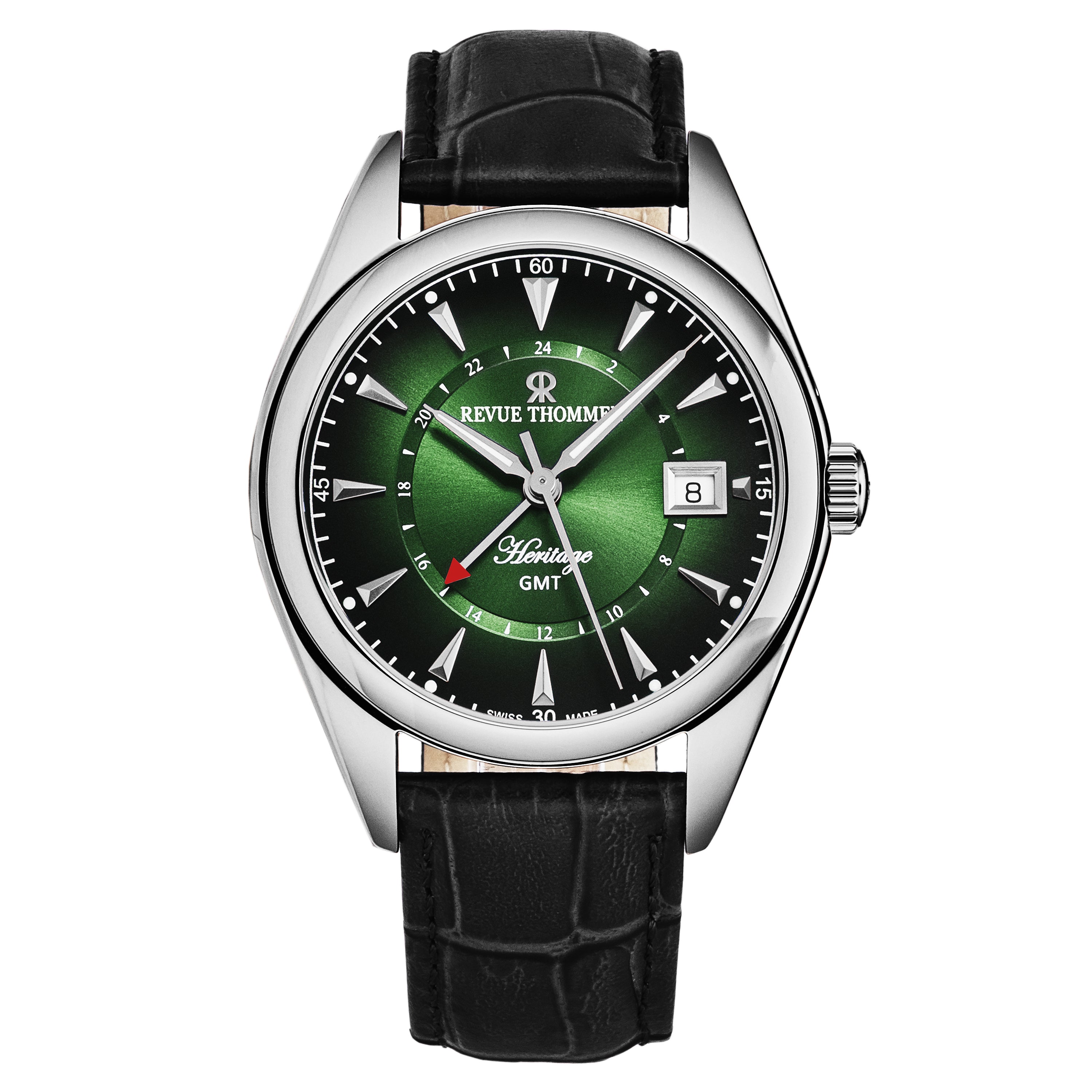 Revue Thommen Men's 'Heritage' GMT Green Dial Black Leather Strap Swiss  Automatic Watch 21010.2434
