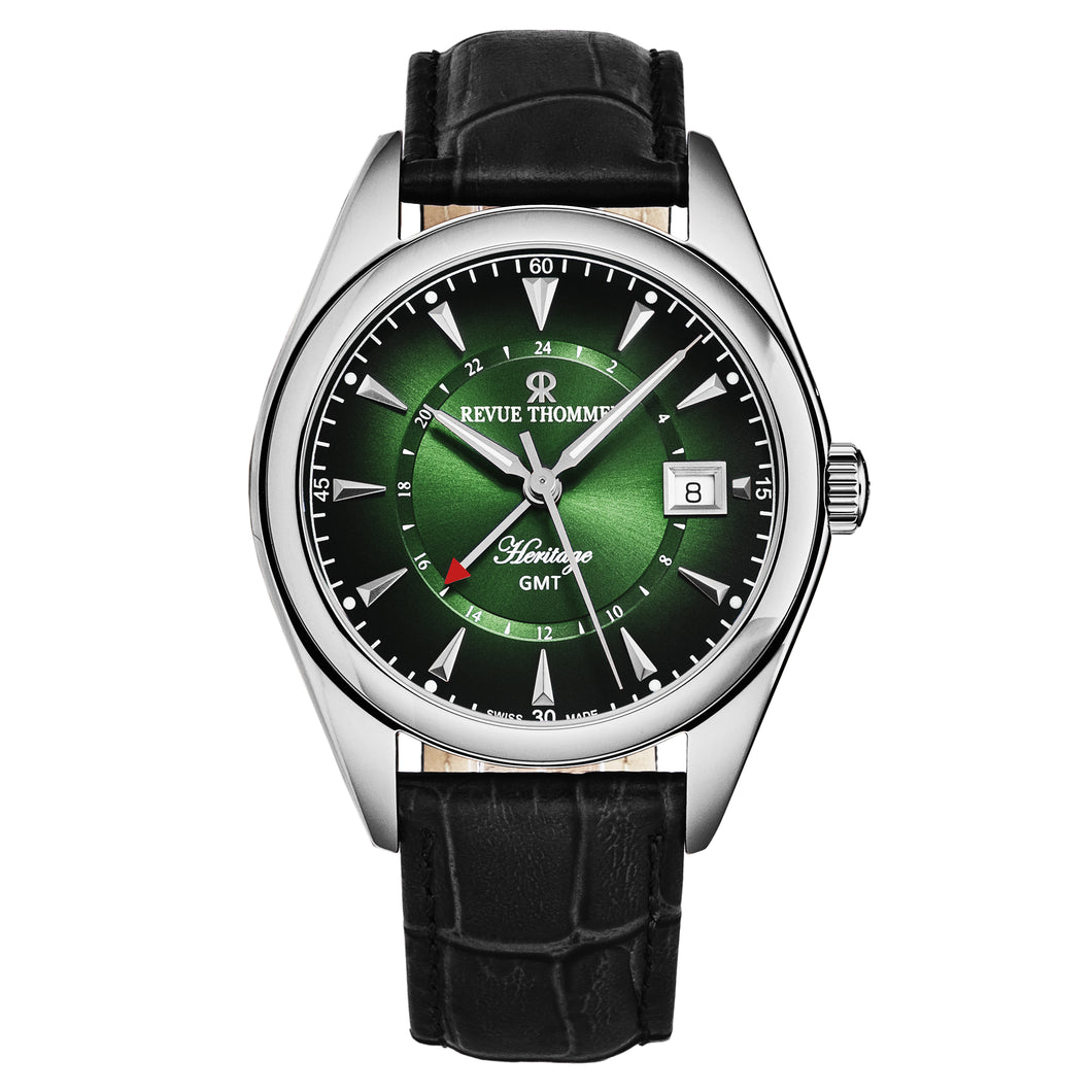 Revue Thommen Men's 'Heritage' GMT Green Dial Black Leather Strap Swiss Automatic Watch 21010.2434