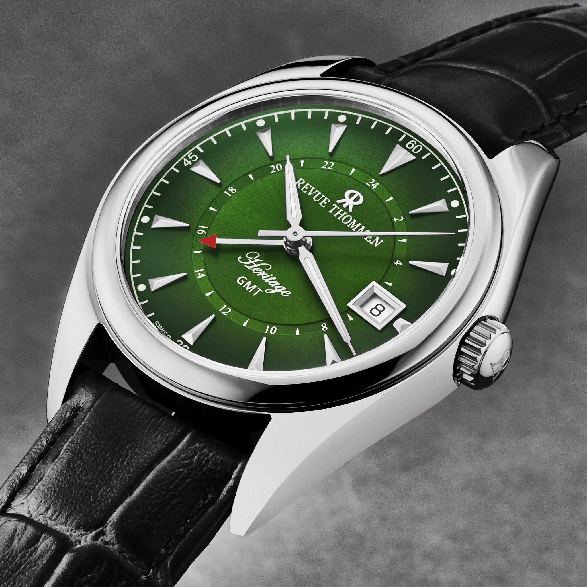 Revue Thommen Men's 'Heritage' GMT Green Dial Black Leather Strap Swiss  Automatic Watch 21010.2434