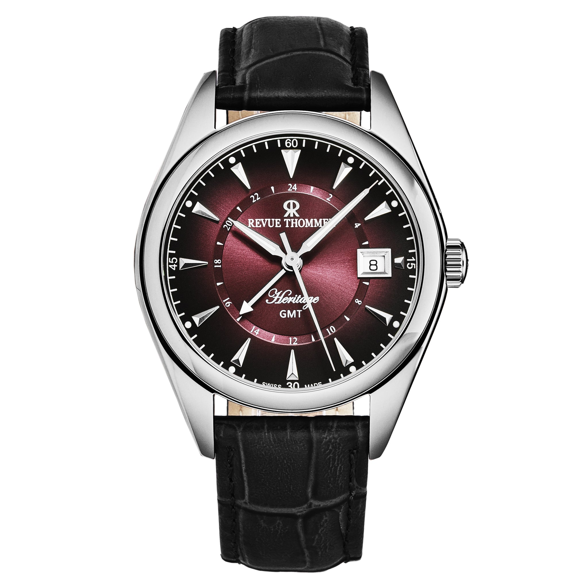 Revue Thommen Men's 'Heritage' GMT Purple Dial Black Leather Strap Swi