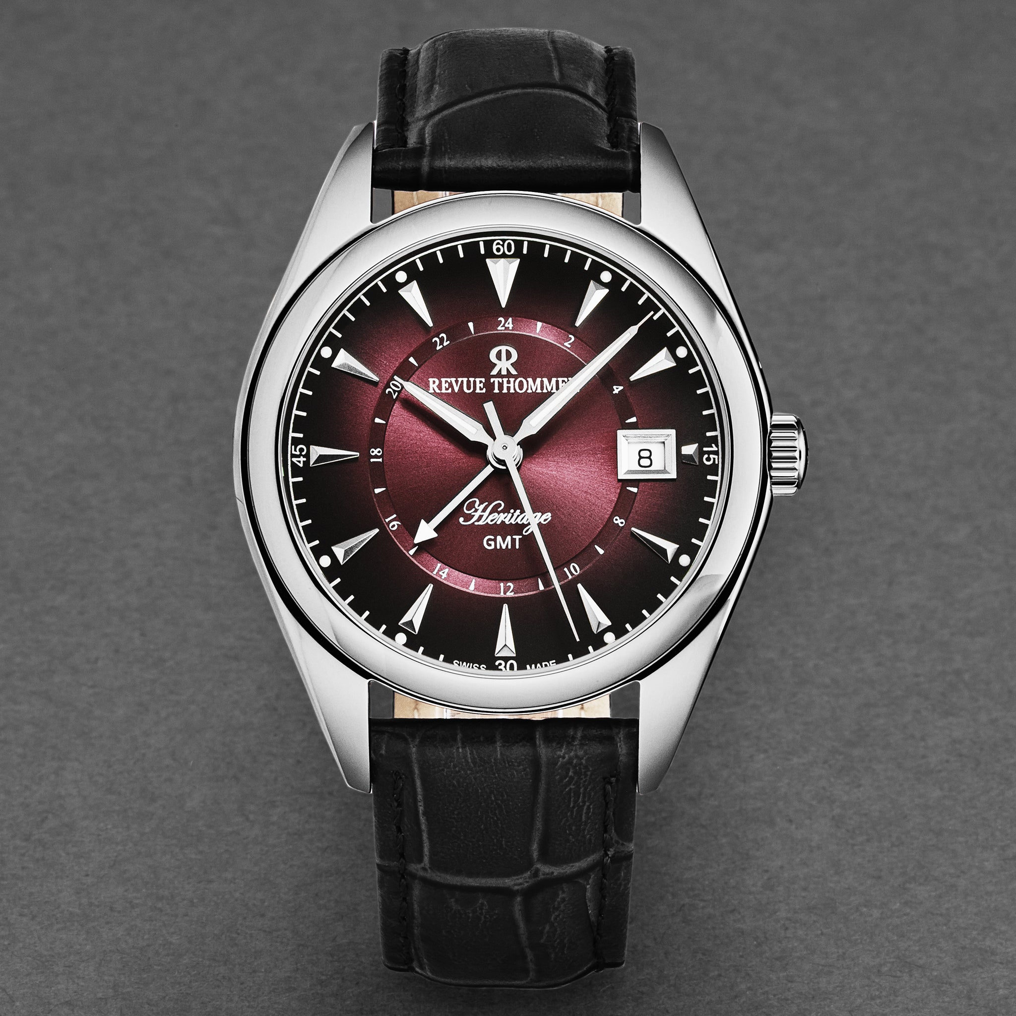 Revue Thommen Men's 'Heritage' GMT Purple Dial Black Leather Strap Swi