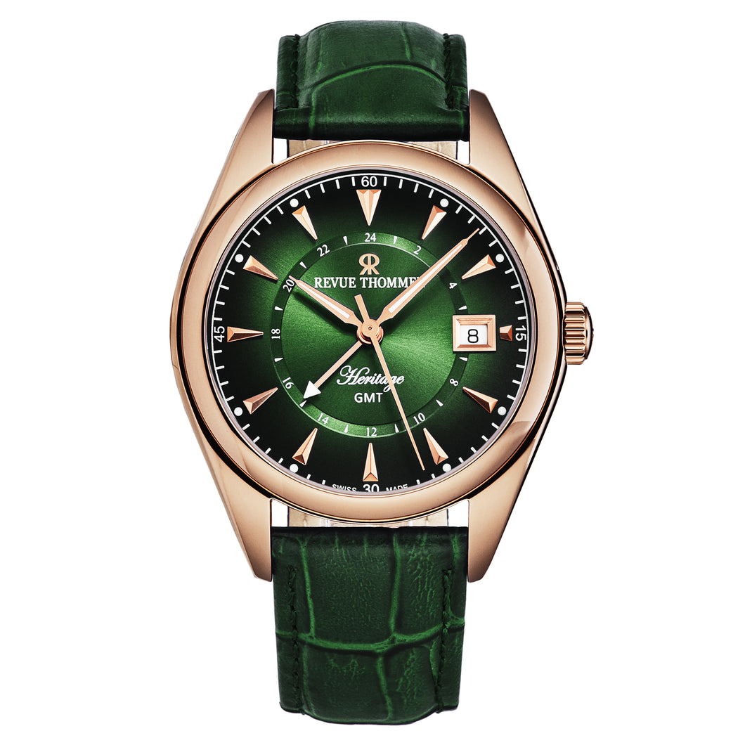 Revue Thommen Men's 'Heritage' GMT Green Dial Green Leather Strap Swiss Automatic Watch 21010.2464