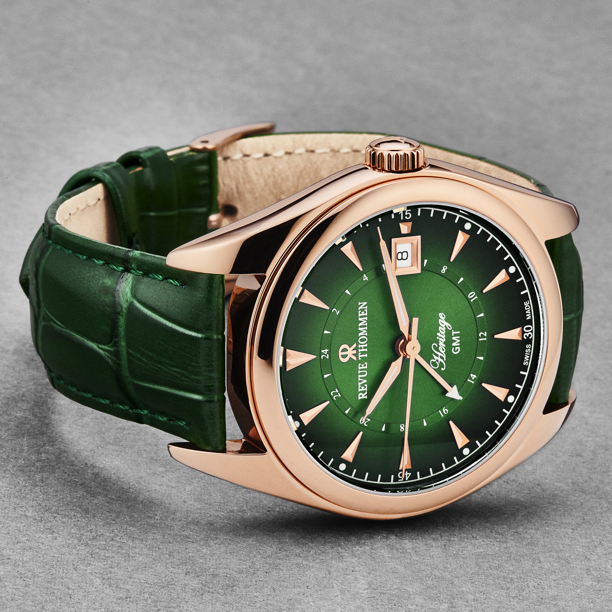Revue Thommen Men's 'Heritage' GMT Green Dial Green Leather Strap Swis