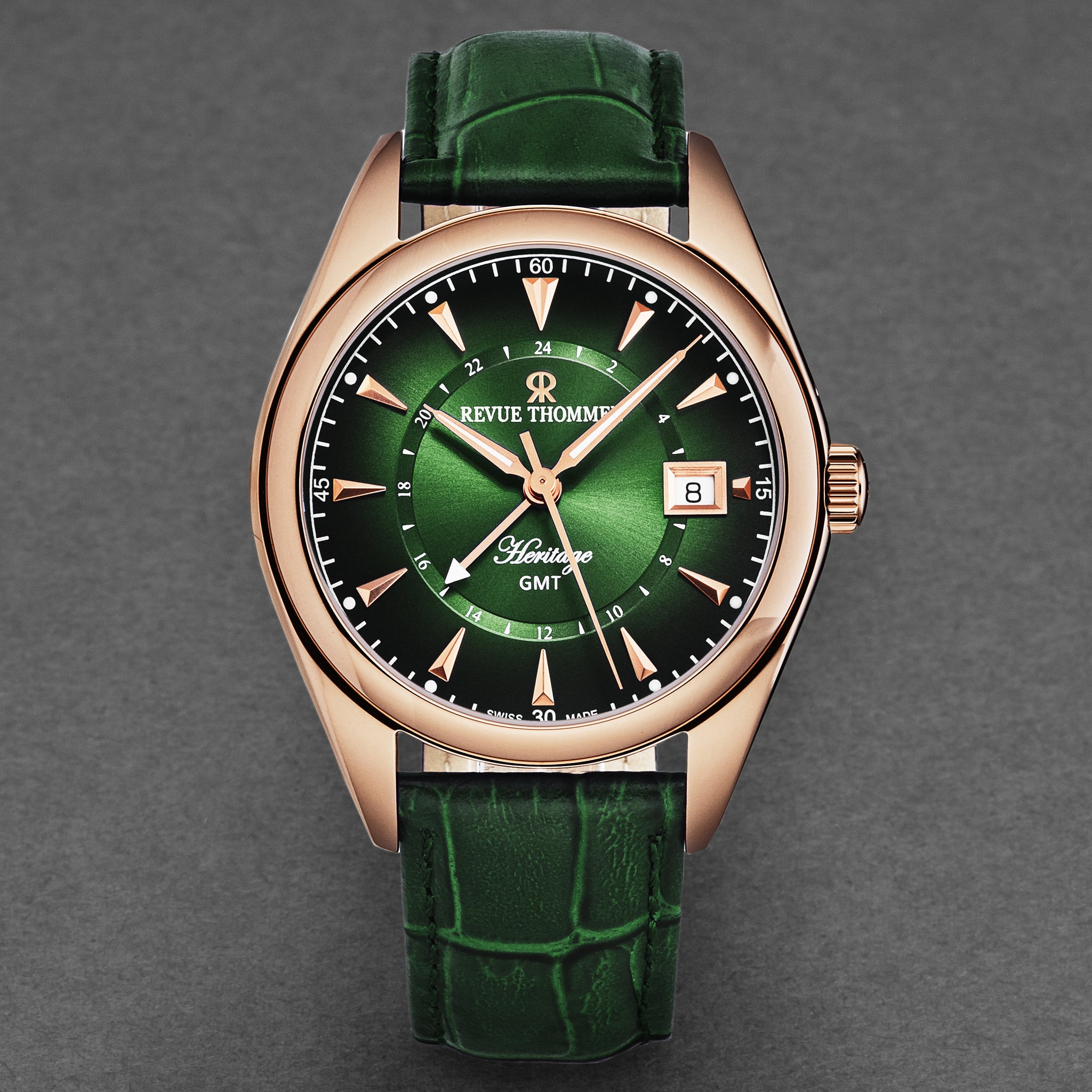 Revue Thommen Men's 'Heritage' GMT Green Dial Green Leather Strap Swis