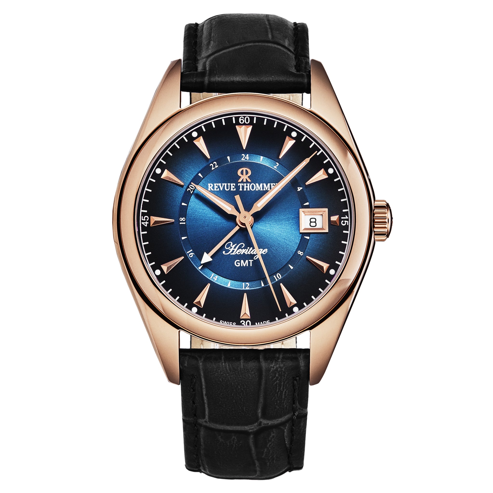 Revue Thommen Men's 'Heritage' GMT Blue Dial Black Leather Strap Swiss