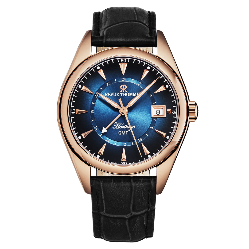 Revue Thommen Men's 'Heritage' GMT Blue Dial Black Leather Strap Swiss Automatic Watch 21010.2465