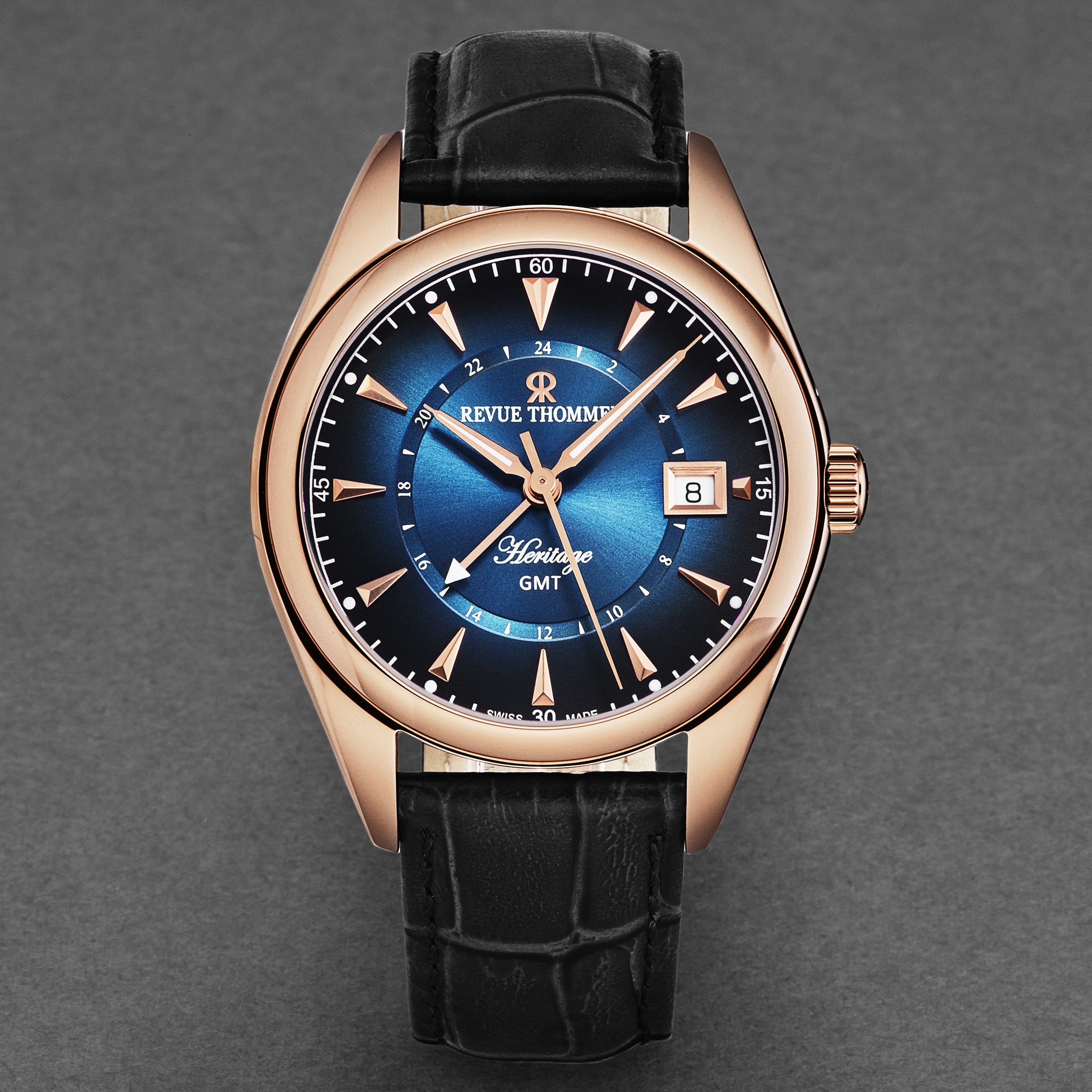 Revue Thommen Men's 'Heritage' GMT Blue Dial Black Leather