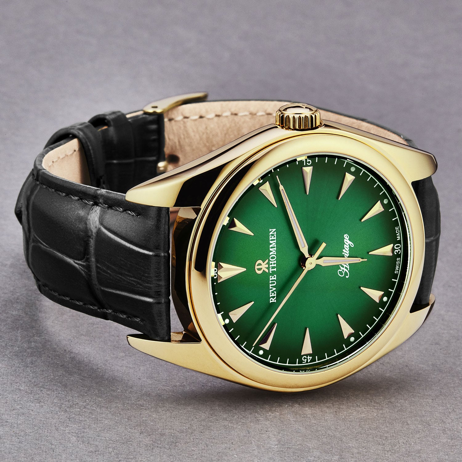 Revue Thommen Men's 'Heritage' Green Dial Black Leather Strap Automatic  Watch 21010.2514
